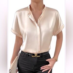 SHEIN Unity Solid Batwing rollup Short Sleeve Satin Shirt Elegant Cream Top SZ L